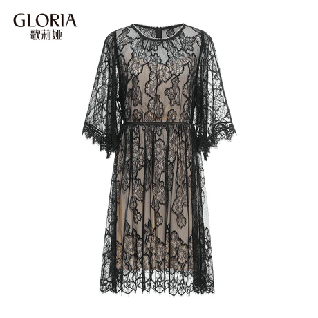 GLORIA/歌莉娅女装2018夏季新品收腰蕾丝七分袖连衣裙184C4C130商品大图