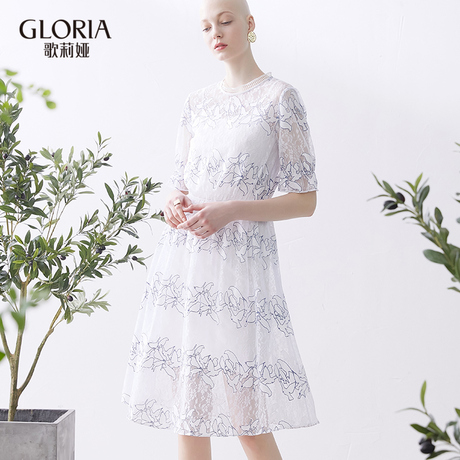 GLORIA/歌莉娅2018夏季新品棉蕾丝镂空小立领连衣裙184E4E110商品大图