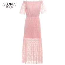GLORIA/歌莉娅女装2018夏季一字领压褶蕾丝连衣裙186M4BBN0图片