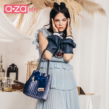 aza阿札女包包2018新款 丝绒蝴蝶结时尚 水桶包韩版 链条单肩斜挎包