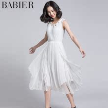 不规则裙摆连衣裙 无袖 2017夏季新品 芭碧尔女装 桑蚕丝真丝沙滩裙子