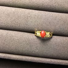 新品 925银镀黄金玫瑰金白金天然红色珊瑚宝石戒指女戒开口戒