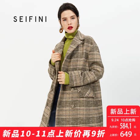 诗凡黎冬季复古呢大衣女宽松格子毛呢外套女中长款韩版2018新款商品大图