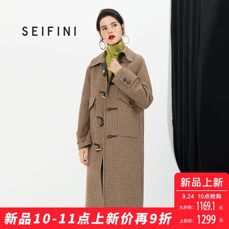 预售诗凡黎2018冬季新款千鸟格长款双面呢女过膝牛角扣羊毛大衣商品大图