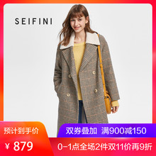 商场同款诗凡黎2018冬装新款复古格子双排扣毛呢外套女318A170222图片