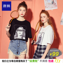 夏装新款白色短袖T恤女宽松黑白照片印套头短袖韩版ulzzang上衣图片