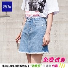 唐狮夏季牛仔裙女高腰A字裙韩版牛仔短裙显瘦牛仔裙毛边半身裙图片