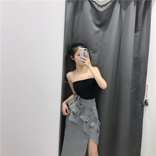 chic不规则侧开叉半身裙格子长裙 裹胸上衣两件套女 港味复古个性