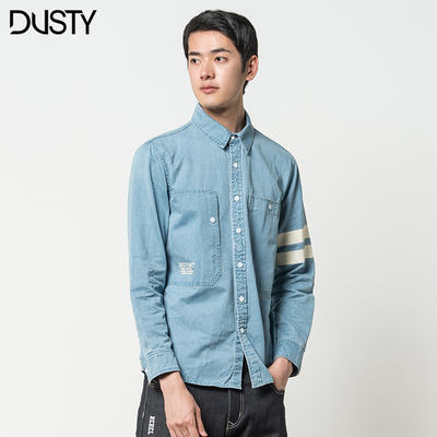 DUSTY潮牌男士秋装条纹印花牛仔衬衫不对称口袋学院长袖纯棉衬衣
