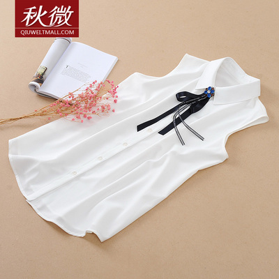 秋微无袖衬衫镶钻黑色蝴蝶结装饰衬衫秋冬内搭打底衬衫夏季上衣女