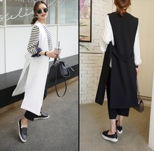 侧开叉腰带无领过膝西服 大码 韩版 胖MM显瘦无袖 薄款 马甲女夏季长款