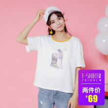 阁楼花开2018早春新款半袖ins中袖t恤女印花宽松韩版学生百搭上衣图片