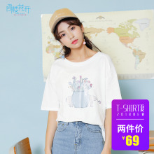 阁楼花开2018早春新款半袖chic短袖t恤女开叉韩版印花简约上衣女图片