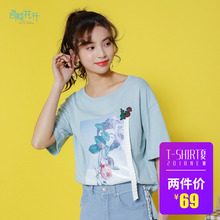 阁楼花开夏季短袖女韩版潮宽松印花学生百搭t恤港味chic韩风上衣图片