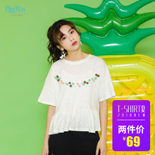 阁楼花开纯棉短款上衣女 宽松百搭少女新款荷叶边下摆短袖T恤图片