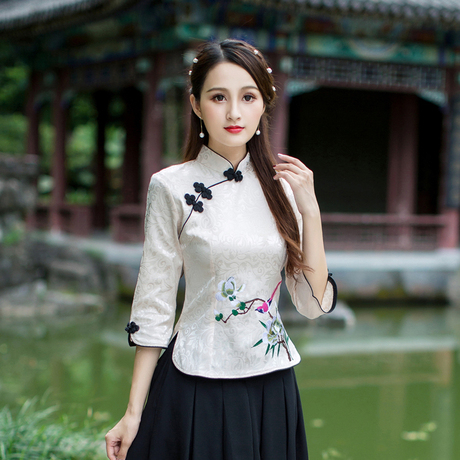 民国风唐装女中国风女装茶艺师服装中式工作汉服夏装改良旗袍上衣商品大图