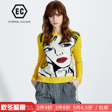 永恒颜色2018冬季长袖时尚圆领印花钉珠毛衫女YFED96M219图片
