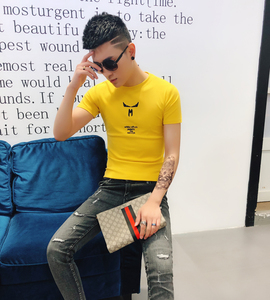 2019春夏装新款潮男网红短袖T恤男修身小伙半袖休闲印花t恤打底衫