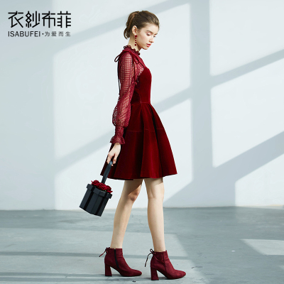 红桦 两件套套装裙 酒红色蕾丝连衣裙女秋装新款礼服法式复古少女