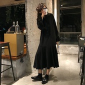 连衣裙长裙女 复古chic不规则鱼尾裙宽松显瘦气质翻领长袖 韩版 春装