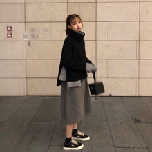 秋冬韩版女装chic拼接高领呢子外套+打底中长款连衣裙两件套装