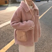 春季韩版女装宽松百搭翻领连帽保暖毛毛外套复古中长款单排扣开衫
