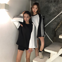 女班服 宽松中长卫衣喇叭袖 三条杠情侣装 2017韩国ulzzang女装