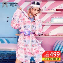 玛玛绨2018秋装新款女外套中长款连帽印花粉红豹宽松港味嘻哈上衣图片