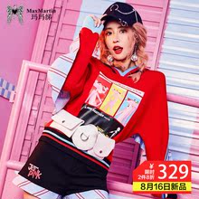 玛玛绨2018秋装新款时尚个性拼接上衣卡通印花v领宽松红色卫衣女图片