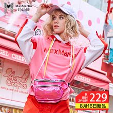 玛玛绨2018秋冬新款连帽卫衣女蝙蝠袖宽松上衣粉色拼接时尚外套潮图片