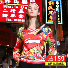 玛玛绨2018新款V领个性红唇印花套头卫衣少女宽松潮牌秋装上衣图片