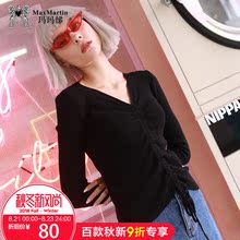 玛玛绨2018新款韩版原宿风纯色V领针织衫女修身显瘦系带秋装上衣图片