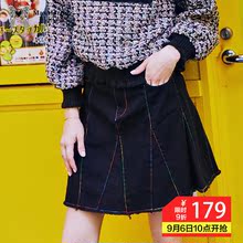 玛玛绨秋季短裙女2018新款时尚春秋黑色a字裙百褶高腰牛仔半身裙图片