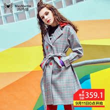 玛玛绨格子风衣女中长款韩版秋季2018新款气质收腰双排扣连帽外套图片