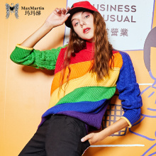 玛玛绨秋冬2018新款针织衫女韩版修身显瘦高领拼色长袖时尚外套潮图片