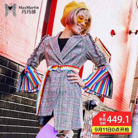 玛玛绨2018秋装新款中长款西装外套女长袖韩版休闲格子女士西服商品大图