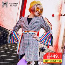 玛玛绨2018秋装新款中长款西装外套女长袖韩版休闲格子女士西服图片