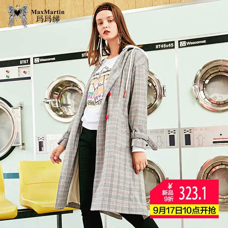 玛玛绨格子风衣女中长款韩版秋季2018新款宽松过膝连帽双排扣外套商品大图