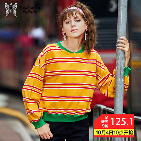 玛玛绨卫衣2018新款女长袖圆领韩版chic早秋宽松条纹运动上衣外套商品大图