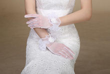 韩式新娘婚纱花边蝴蝶结薄纱春夏短款 结婚手套新娘配件 新款
