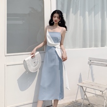 过膝裙 连衣裙女春秋飘带吊带裙气质修身 2019款 百搭中长款 女装 春装