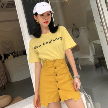 单排扣半身裙高腰毛边牛仔短裙 女圆领字母黄色T恤潮 2018新款 夏装