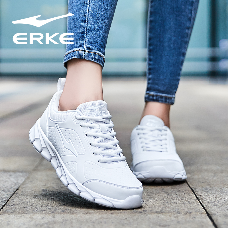 ERKE Women's Shoes Autumn and Winter 2019 New Running Shoes Leisure Sports Shoes Female Students Leather Fashionable White