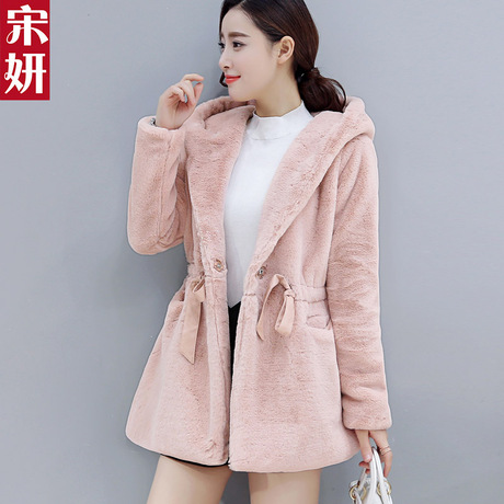 棉服女中长款连帽加绒加厚羊羔毛外套棉衣韩版潮2017冬季新款女装商品大图