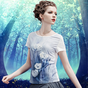 衣之庄园2018夏季新品韩版女装百搭圆领简约印花修身短袖T恤上衣