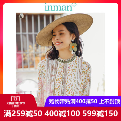 inman茵曼旗舰店亲子装木耳立领印花衬衫女上衣2018秋装新款衬衣商品大图