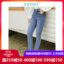 茵曼旗舰店中高腰显瘦翻折绣花裤脚复古小脚裤2018冬装新款牛仔裤图片