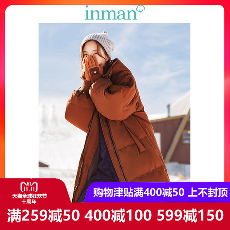茵曼旗舰店高领连帽宽松加厚长款羽绒服2018冬装新款过膝加长外套商品大图