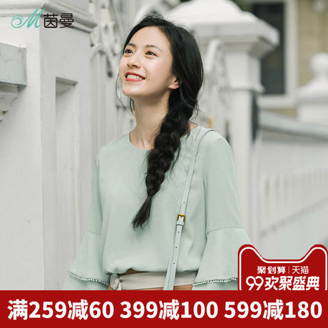 茵曼旗舰店喇叭袖衬衫2018秋装新款圆领宽松流苏套头长袖衬衣上衣商品大图