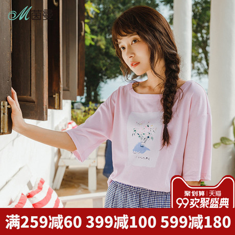 茵曼旗舰店全棉印花短袖T恤女上衣2018夏装新款七分袖宽松半截袖商品大图